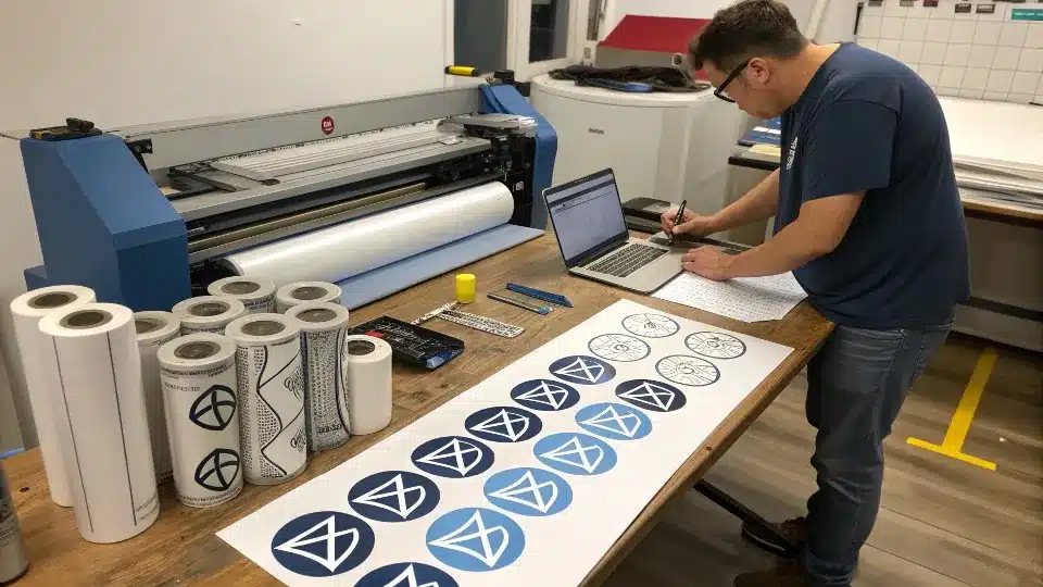 A hand applying a clear laminating sheet over a printed sheet of vinyl stickers.