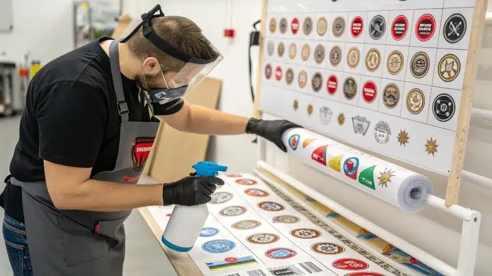 A collection of vibrant, waterproof vinyl stickers on a water bottle with water droplets on it.