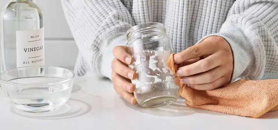 A cotton ball with nail polish remover being used to wipe a sticky spot off a glass bottle.
