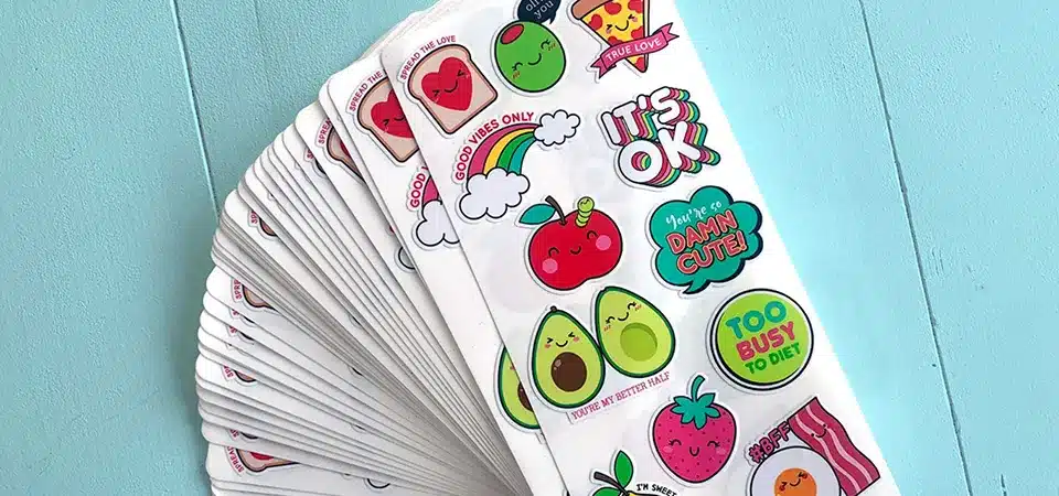 A graphic showing the process: 1. Design Artwork, 2. Find Supplier, 3. Approve Proof, 4. Receive Stickers.