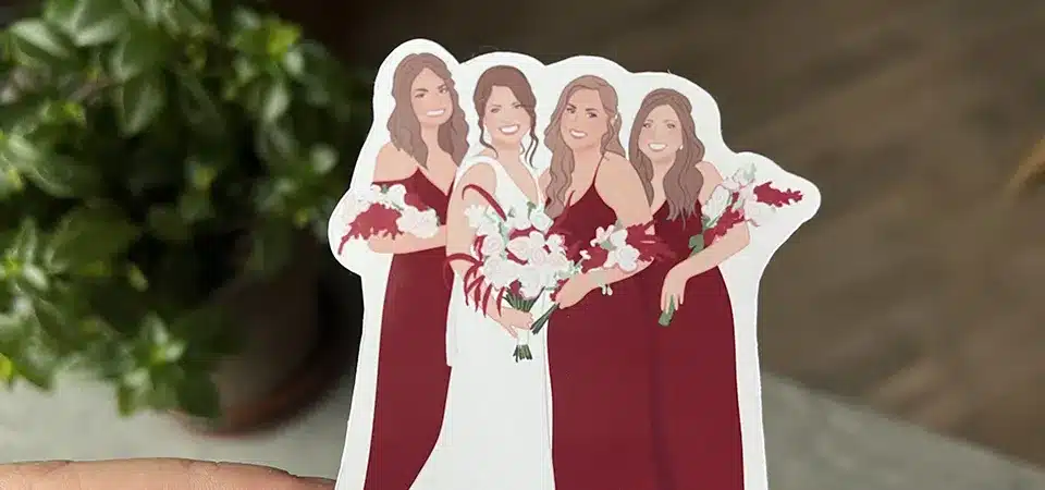 A collage showing photo stickers being used on a gift wrap, a laptop, and a wedding favor.
