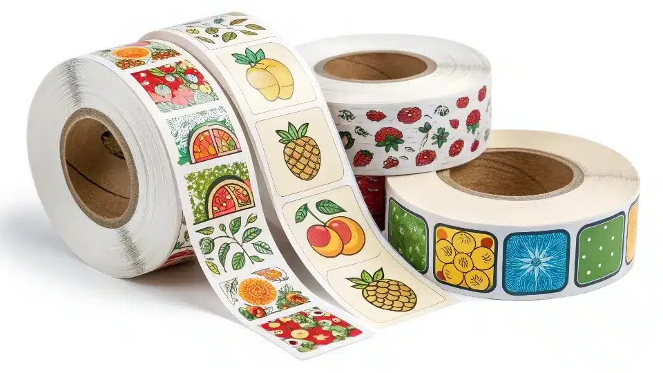 A large roll of coated paper sticker material in a printing press.