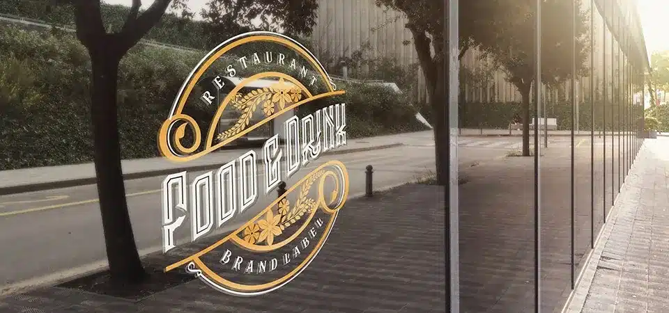 A split image showing a sticker on product packaging and a cling on a store's glass door