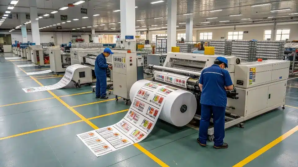 A shot of our modern printing facility in China with an employee inspecting sticker quality.