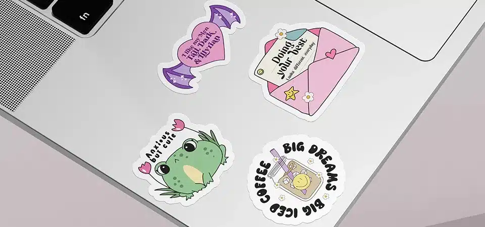 A split image showing products for a fun, loud brand using glossy stickers, and products for an elegant, calm brand using matte stickers.