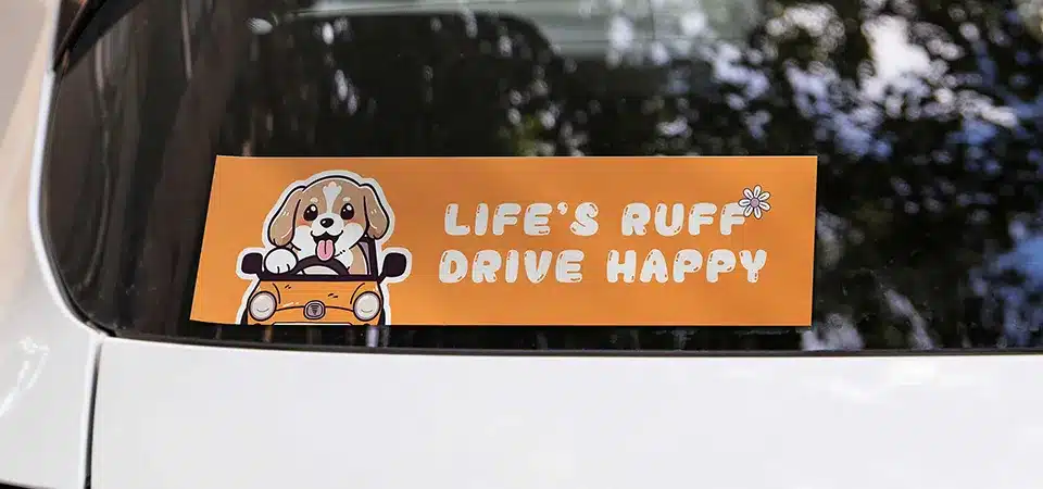 A timeline showing a vintage car with a large bumper sticker and a modern car with a small die-cut decal