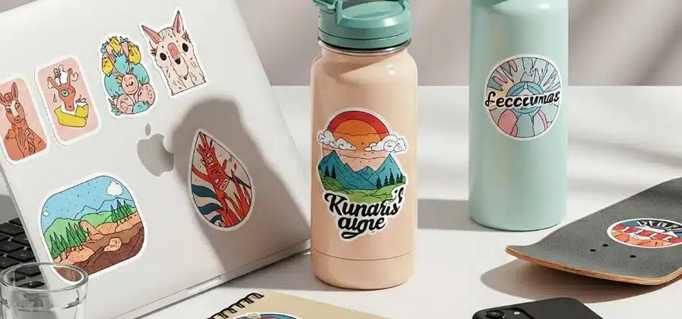A stainless steel water bottle covered in stickers from national parks and outdoor brands