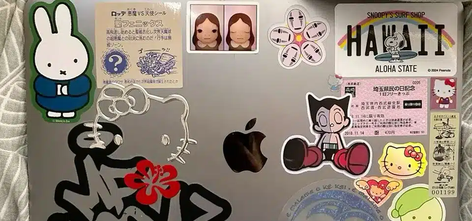 A laptop covered in a collage of travel and pop culture stickers