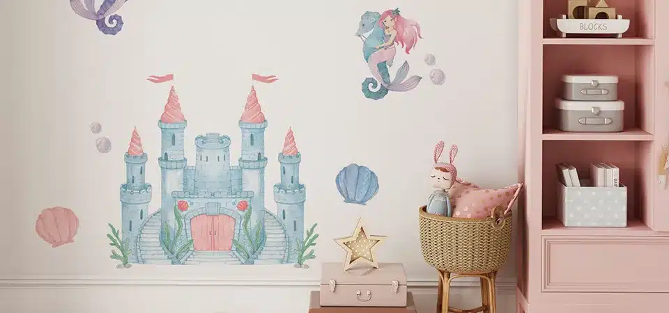 A close-up of a wall sticker showing one layer, next to a wall decal showing three distinct layers