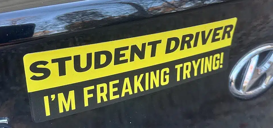 A collage of four different student driver sticker designs, one traditional, one colorful, one with a funny quote, and one with a humorous image
