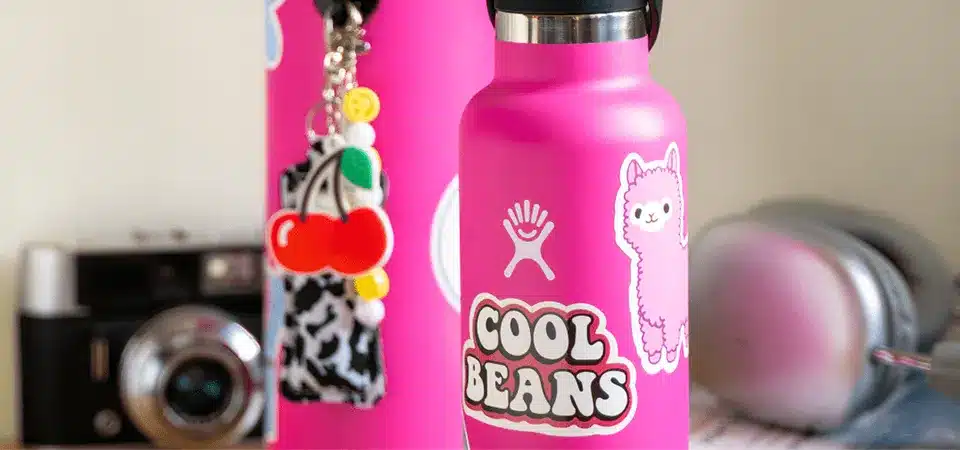 A sad-looking water bottle with peeling, faded, and damaged stickers