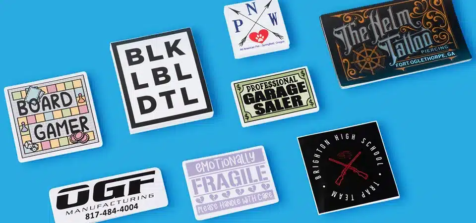A 4x6 inch branded rectangle sticker on the front of a shipping box