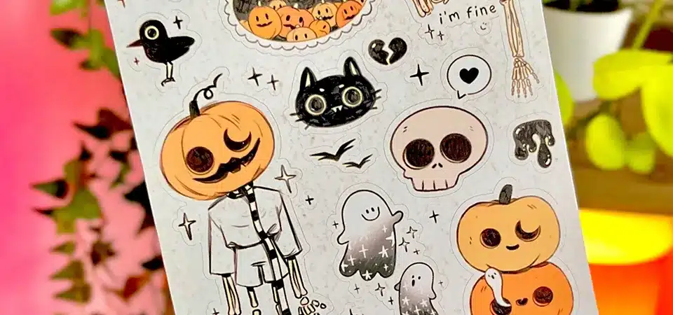 A person looking thoughtfully at a sticker sheet with a question mark icon nearby