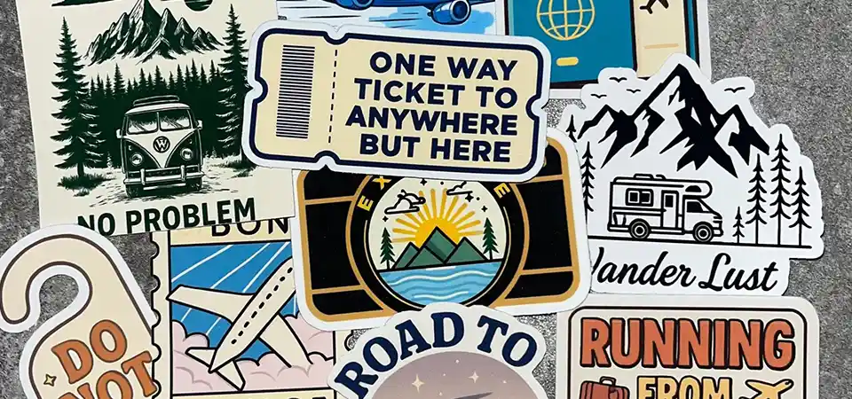 A travel journal open to a page with stickers from Paris next to written memories and photos