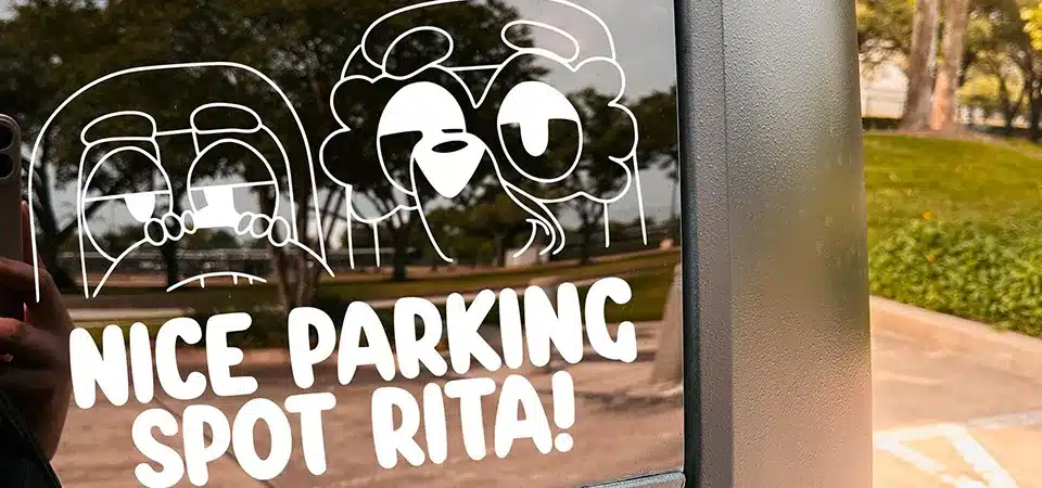 A collage of different car stickers showing personal, business, and informational uses