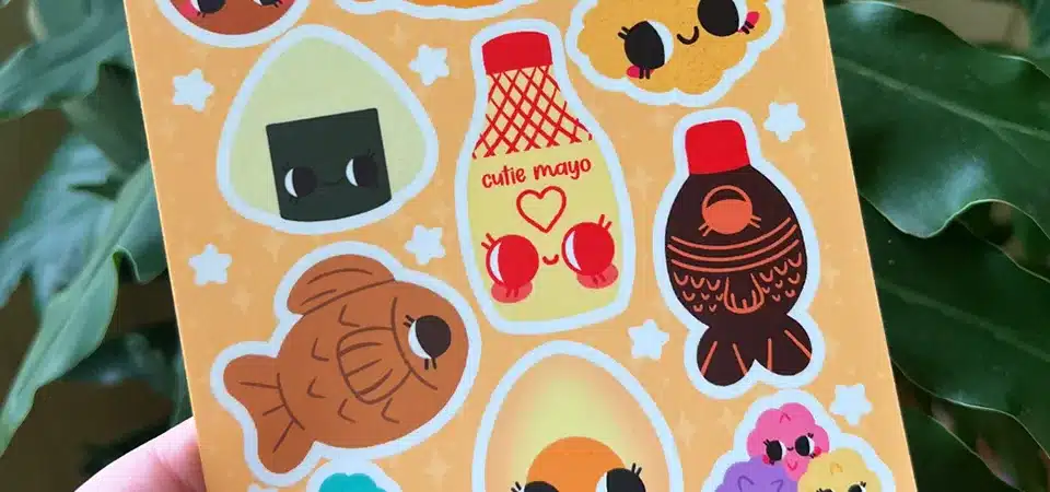 A cute aesthetic sticker sheet with pastel clouds, kawaii animals, and cozy home items