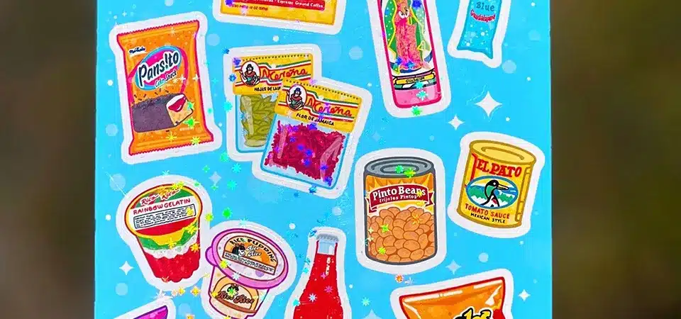 A vibrant sticker sheet with various food and drink icons like cocktails, coffee mugs, and sweet treats