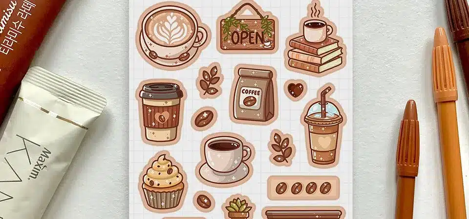 A sticker sheet depicting everyday life icons like coffee cups, grocery bags, and cleaning supplies