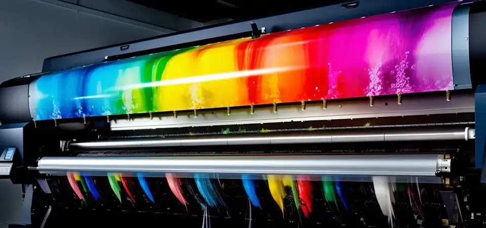A sleek, modern hybrid printing press with large touch screens and robotic arms