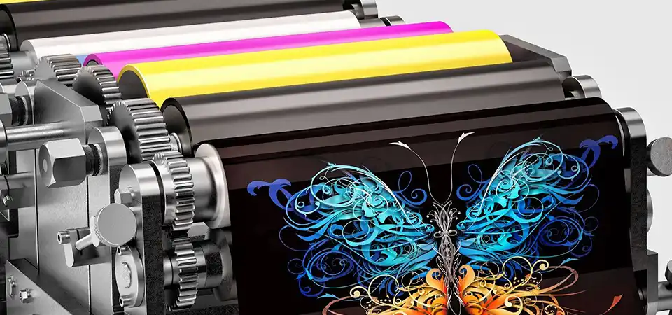 A swatch book showing various paper and vinyl materials suitable for litho printing