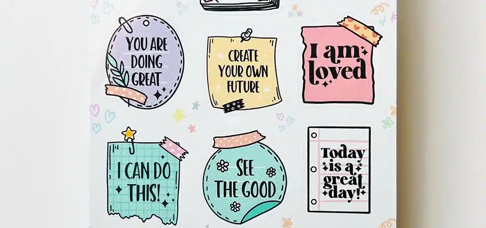 A sticker sheet full of motivational quotes and positive affirmations in different fonts