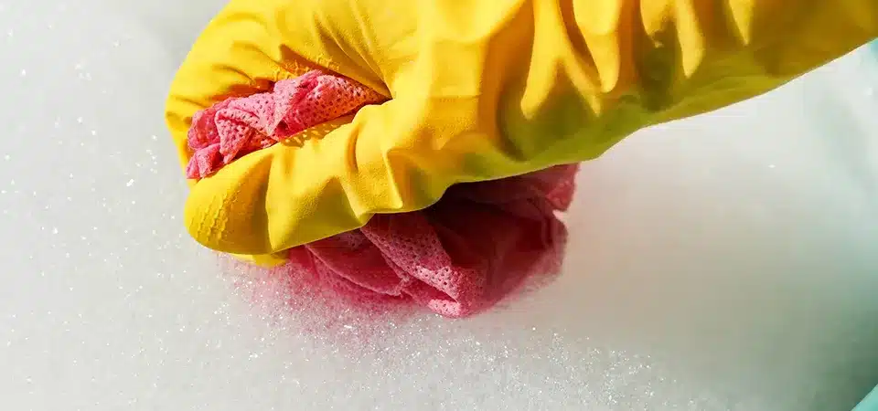 A sponge with soapy suds being applied to a sticker on a window
