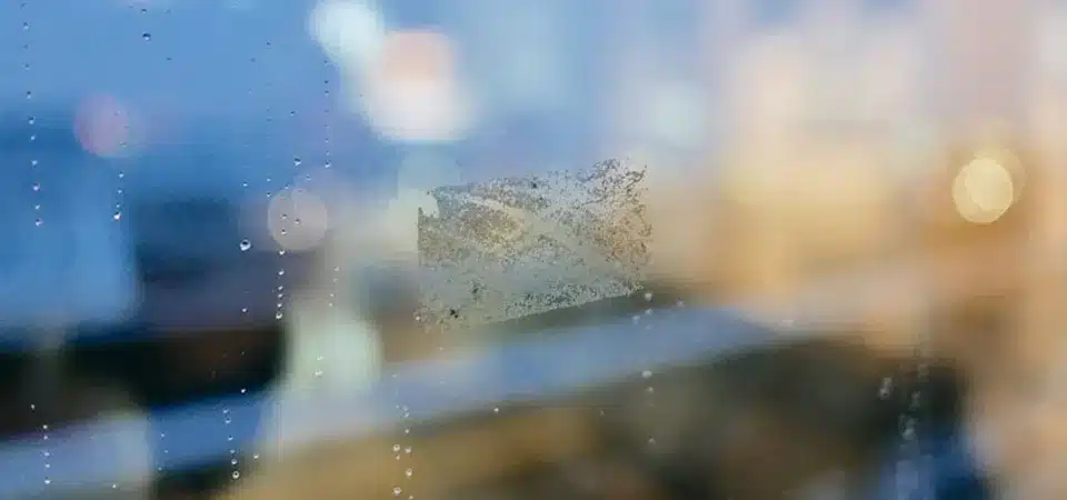 A bottle of eucalyptus oil next to a clean glass window
