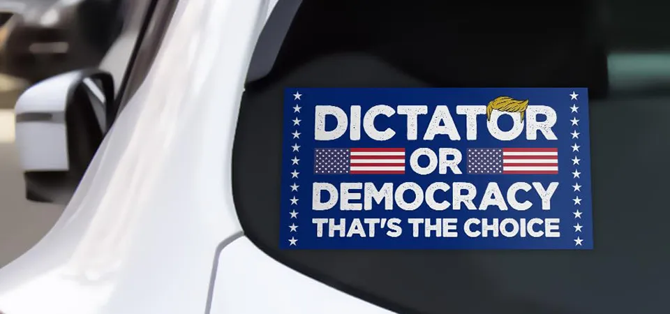 A well-designed political sticker with a clear slogan and bold colors