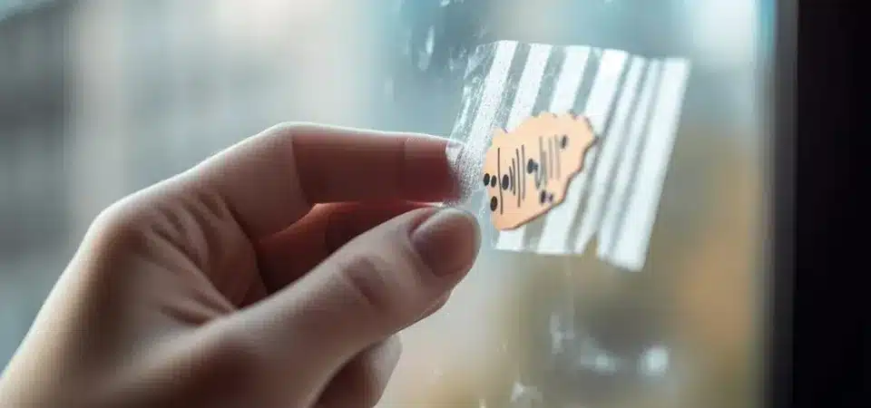 A hand applying cooking oil to sticker residue on a glass window