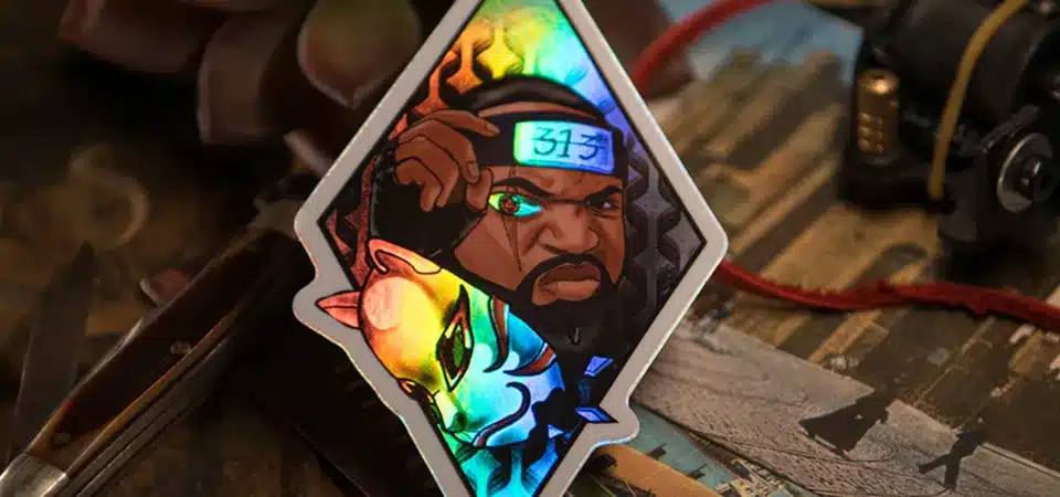 Good vs. Bad Holographic Sticker Design A side-by-side of a poorly designed holographic sticker (too much color) and a well-designed one (high contrast)