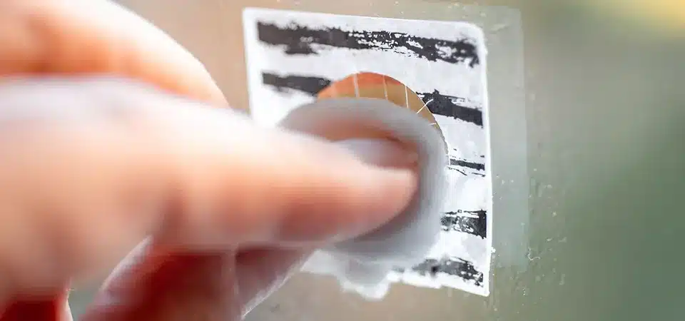A bottle of Goo Gone next to a mirror with a very stubborn residue patch