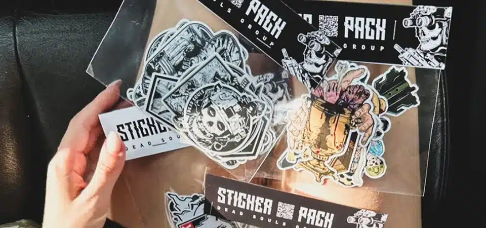 A visual comparison of a themed pack, a custom branded pack, and a large bulk pack of stickers