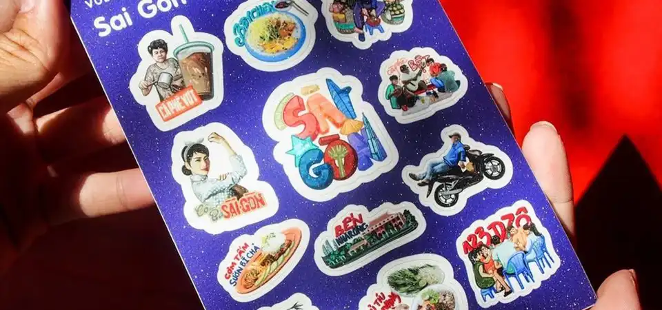 An array of best-selling sticker designs including cute animals, flowers, and funny quotes