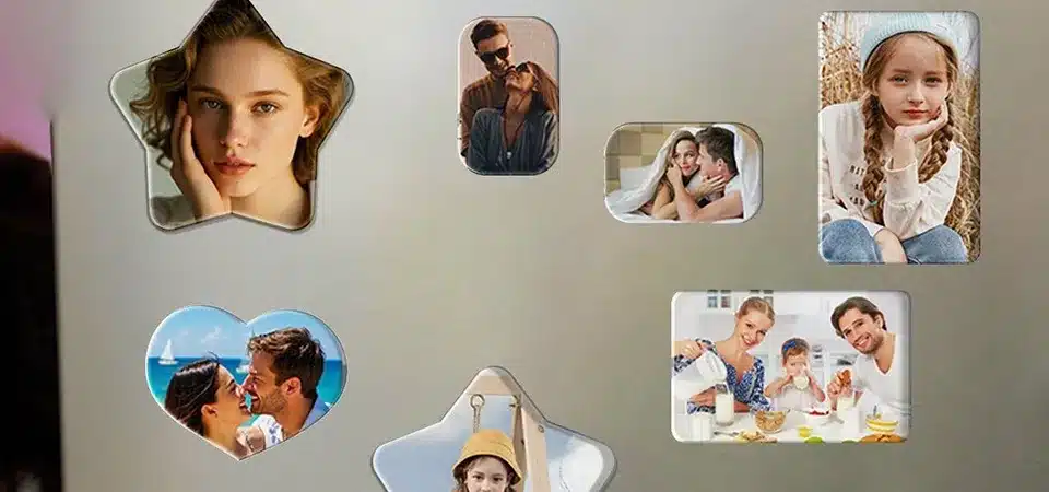 A close-up image showing the different layers of a photo magnet: the printed vinyl, protective laminate, and the dark magnetic base