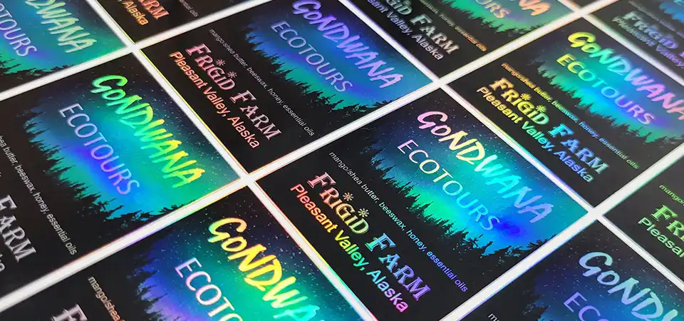 An illustration showing how a white ink layer blocks the holographic effect in certain areas of a design