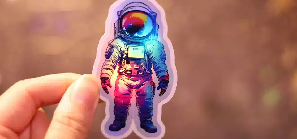 A holographic sticker featuring a simple white outline of a spaceman against a full holo background