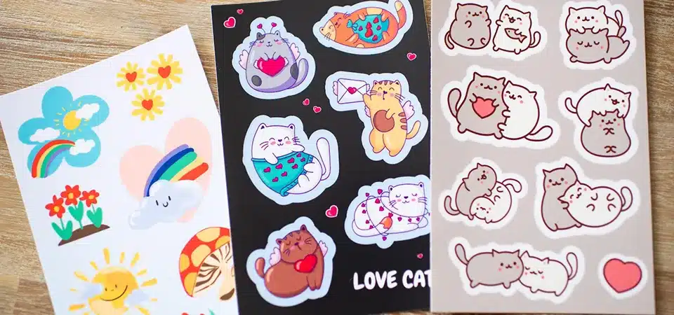 A close-up shot of different sticker materials and finishes, like vinyl, semi-gloss, and matte