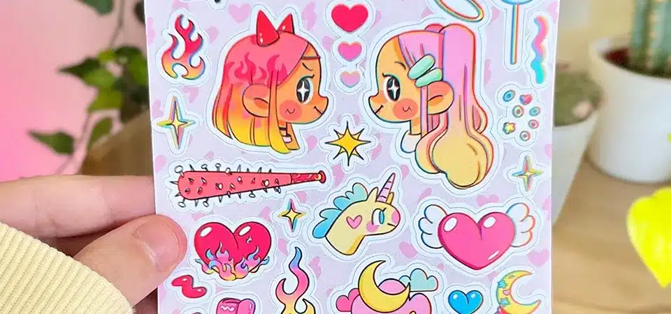 Comparison image: A roll of sticker sheets on the left versus a pile of individual die-cut stickers on the right