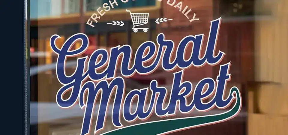 Window cling signage on a storefront glass