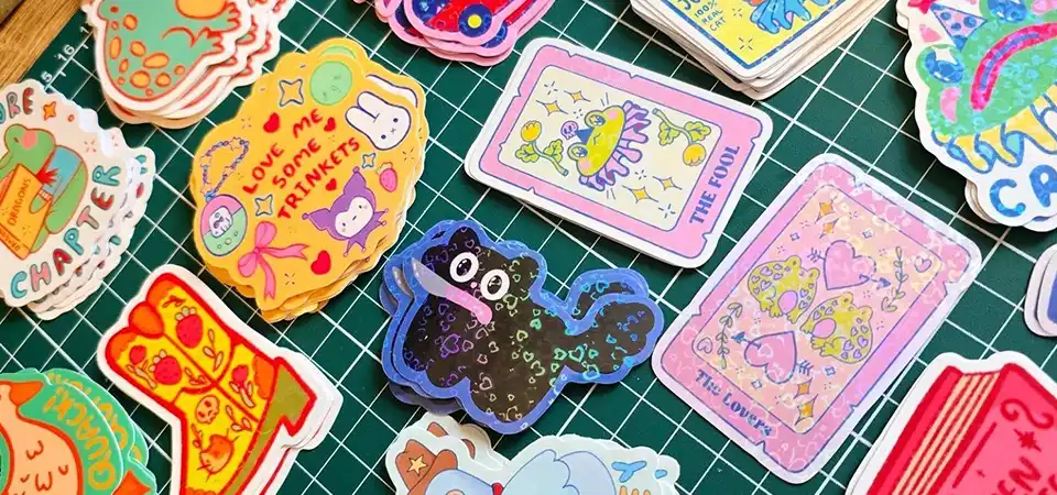 Technician inspecting a sheet of printed stickers for quality control