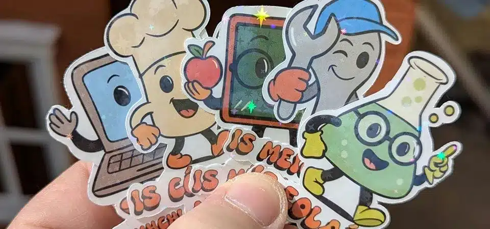 Types of Custom Stickers A side-by-side comparison of a die cut sticker and a kiss cut sticker