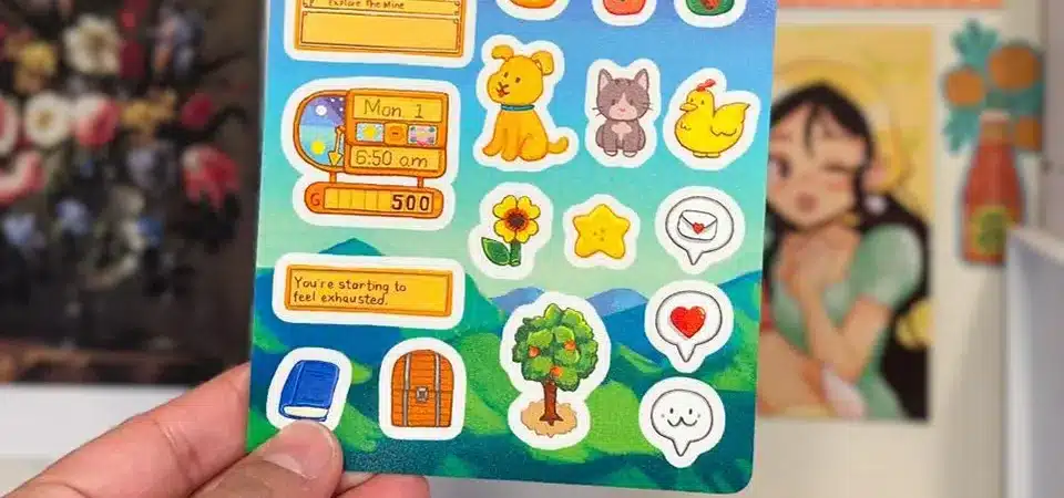 Sticker Sheets for Artists and Retail An artist proudly displaying several creative sticker sheets for sale at a market stall