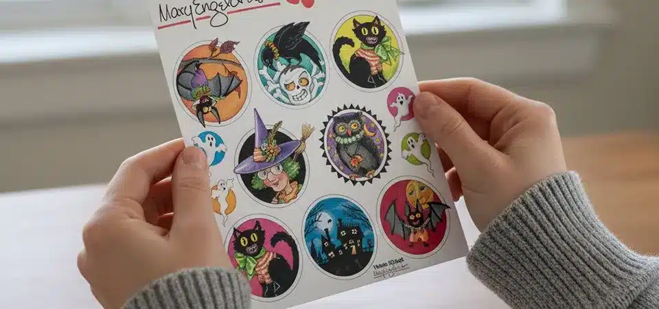 A fun sticker sheet with 8 different small stickers related to a coffee brand